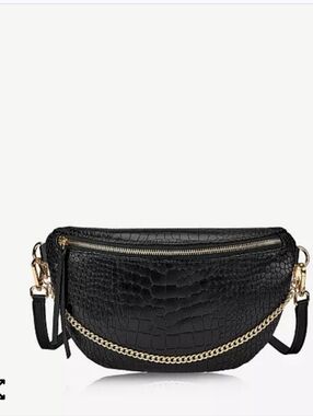 Gigi New York Beck Croc-Embossed Black Crossbody Belt Bag with Gold Chain.